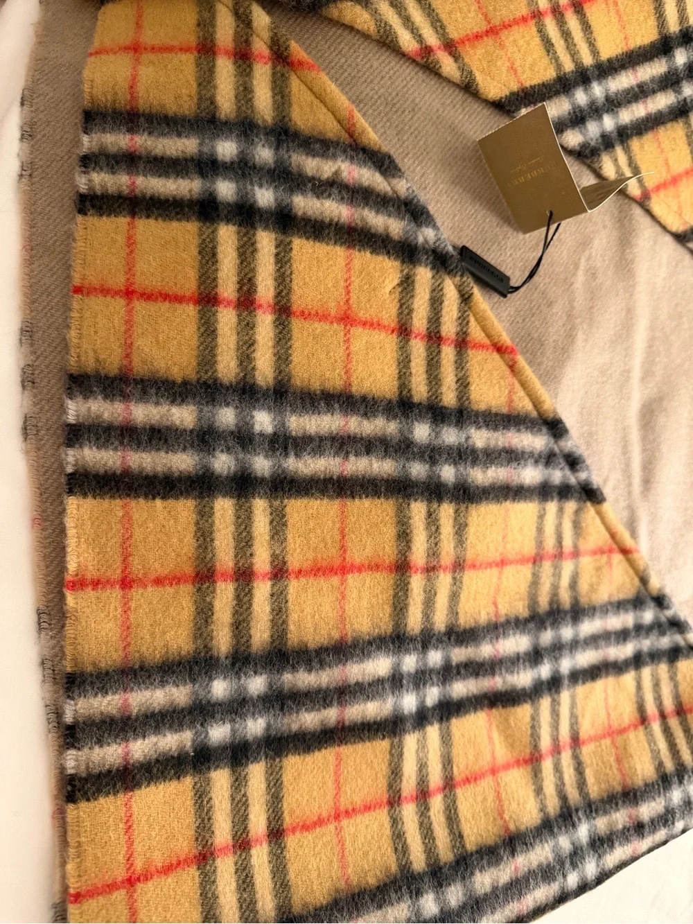 Burberry Tan Check Cashmere Scarf with Black and Red Accents